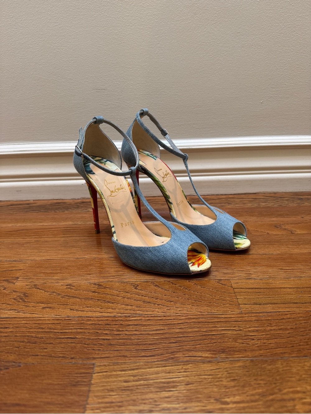 Christian Louboutin Senora 100 Denim T‑Strap Peep‑Toe Pumps